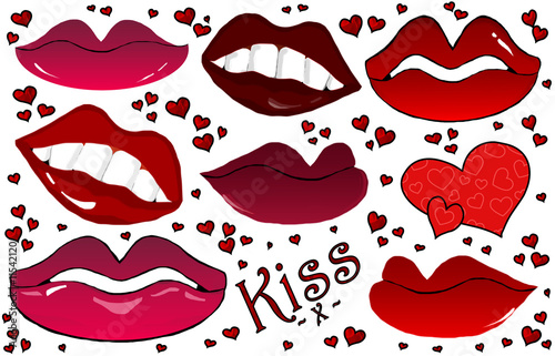 Romantic Lips , Hearts & Kisses Isolated Cartoon Set photo