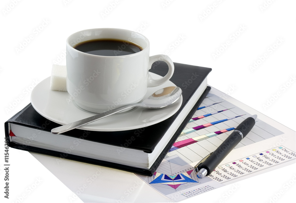 Coffee, standing on organizer, and diagrams .Isolated. Coffee, standing on organizer, and diagrams .Isolated.