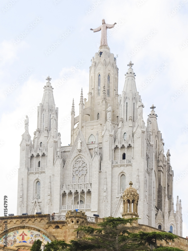 Temple at mountain Tibidabo top in Barcelona.