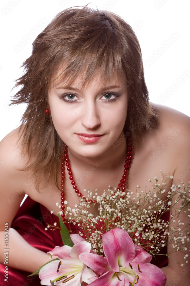 beautiful girl with flowers on a white background