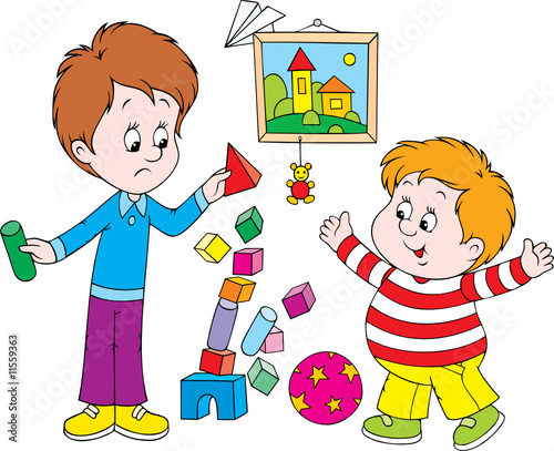 Boys playing with bricks