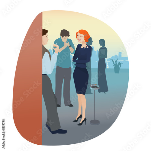 Company employees smoking outside of office, talking