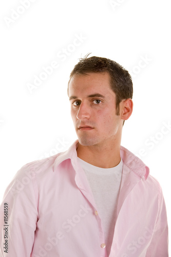 Young Man in Pink Shirt Head Turned Eyes Forward