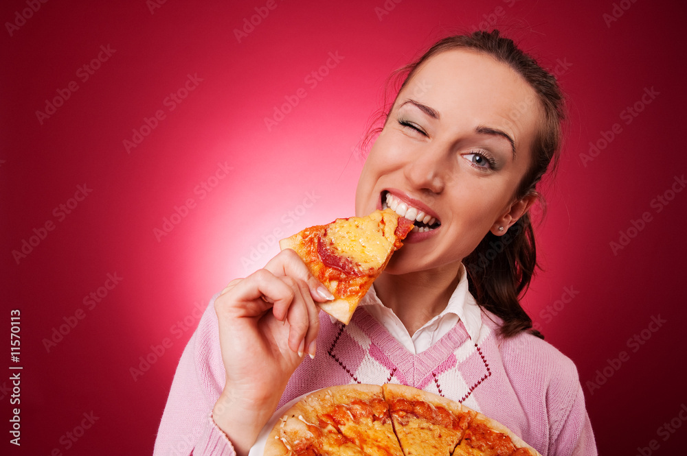 professionaly retouched picture of happy woman with pizza