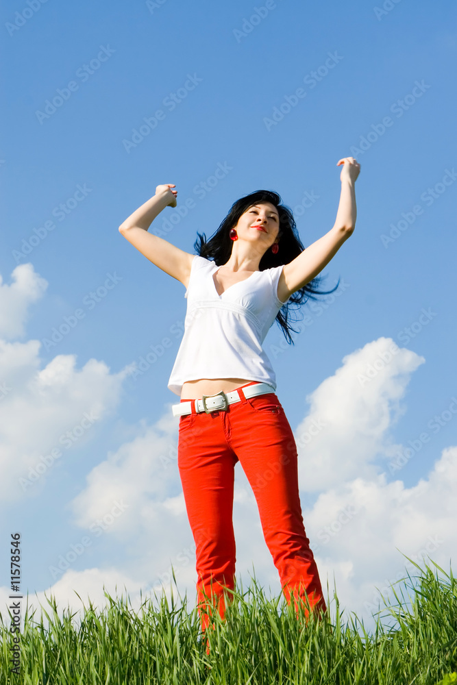 happy young woman dreams to fly on winds happy young woman dreams to fly on winds