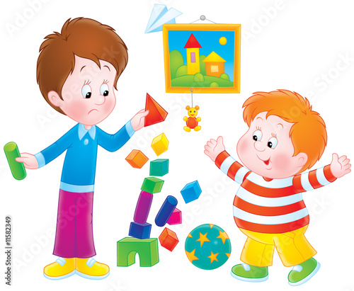 Boys playing with bricks