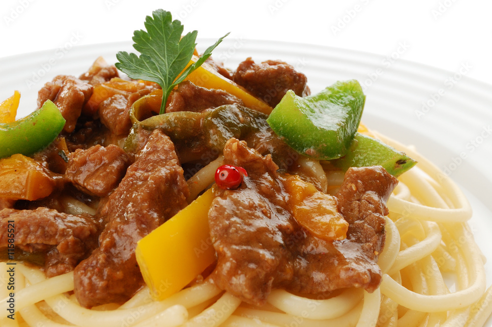 Pasta with meat and vegetables isolated on white background Pasta with meat and vegetables isolated on white background