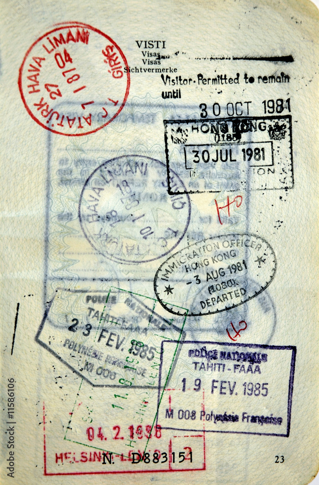 Italian passport Tahiti, Hong-Kong, Turkey, Finland stamps