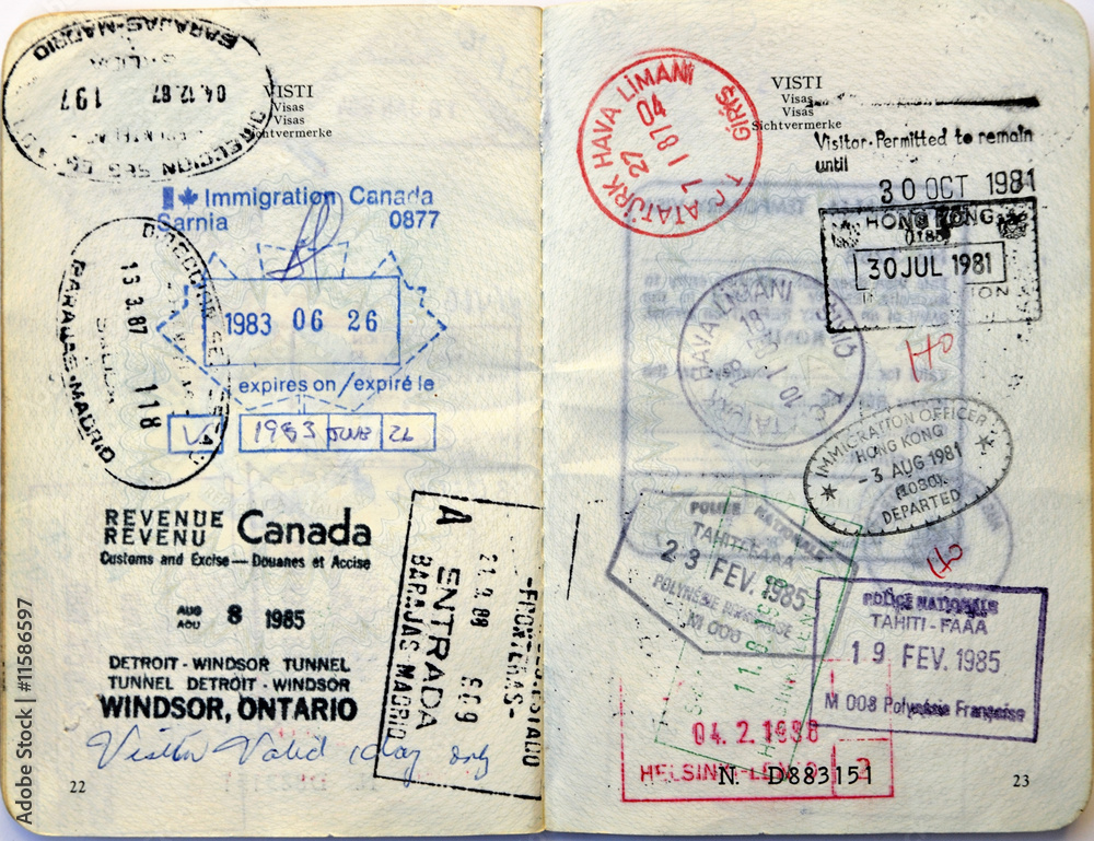 Italian passport. Canada visa, Hong Kong, Tahiti stamps