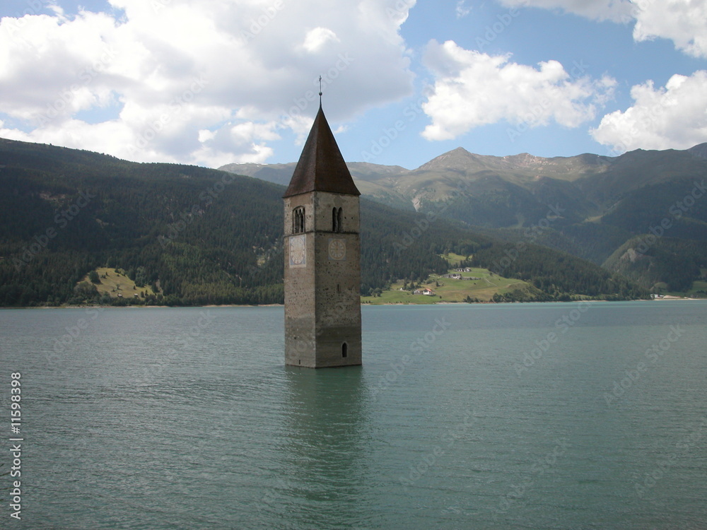 Resia Bell Tower on the lake