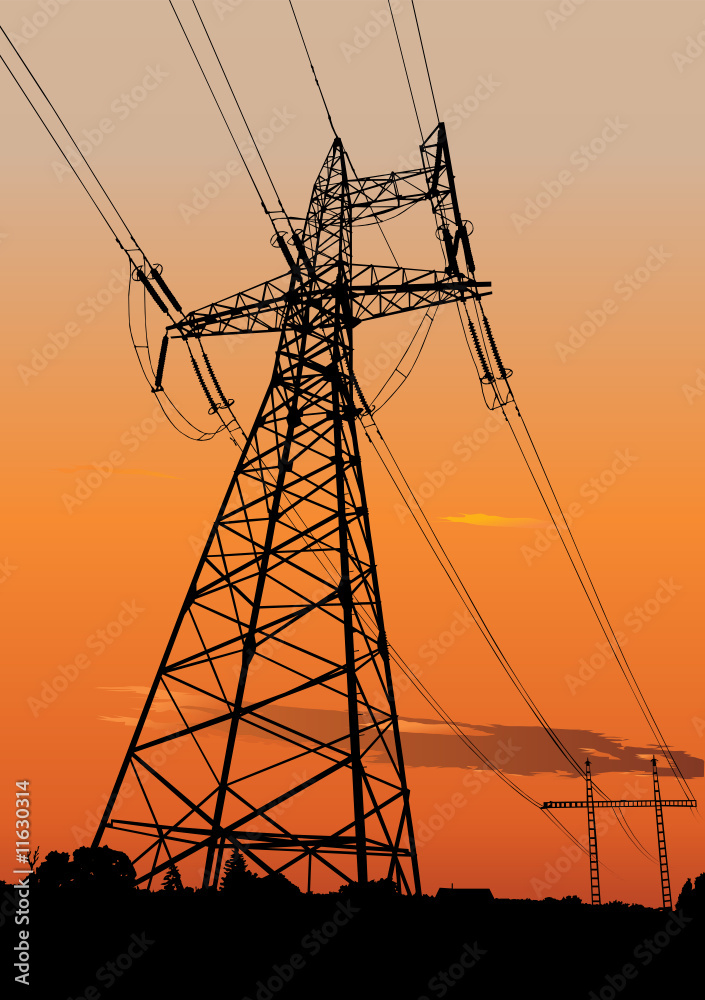 Obraz premium Vector sunset silhouette of Power line and electric pylons