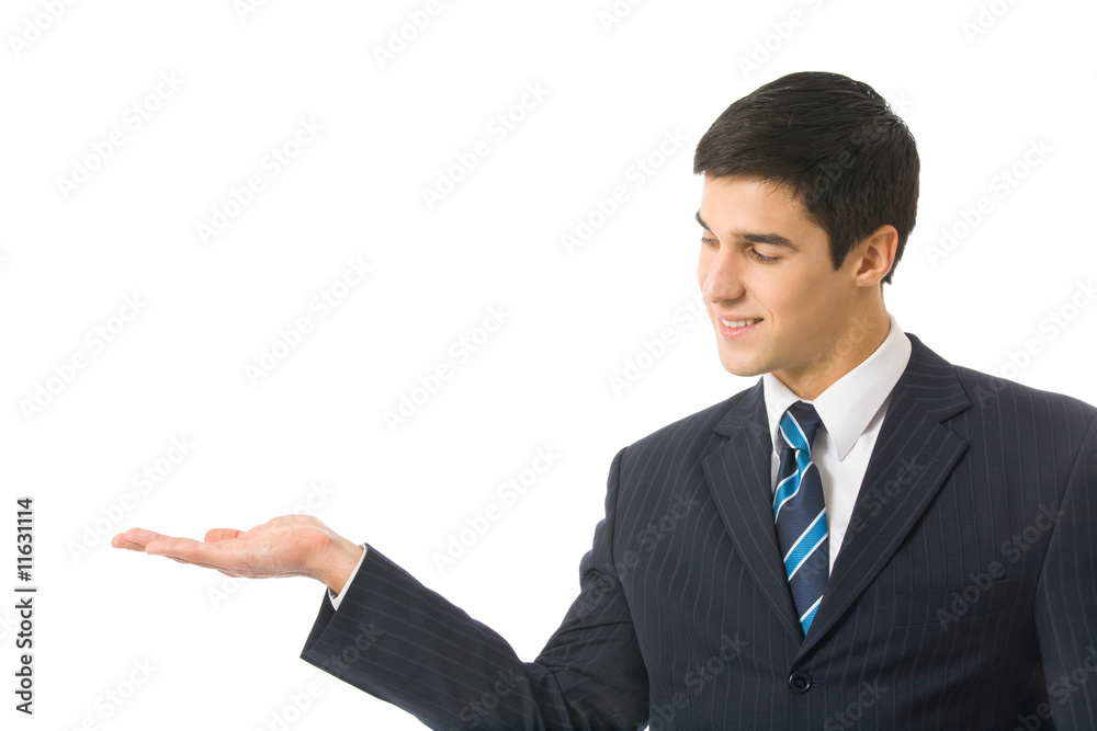 Happy businesswoman gesturing, isolated on white Happy businesswoman gesturing, isolated on white