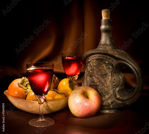 Wine with original clay bottle, persimmon an apple, XXL