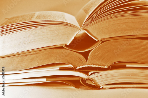 Close-up of three book bindings, tinted photo