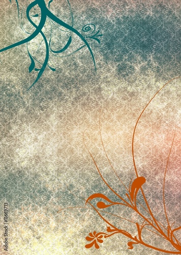 FOND GRUNGE  FLORAL ORANGE BLEU