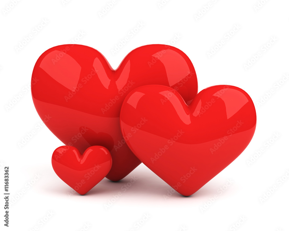 three red hearts. symbol of loving couple and their child three red hearts. symbol of loving couple and their child