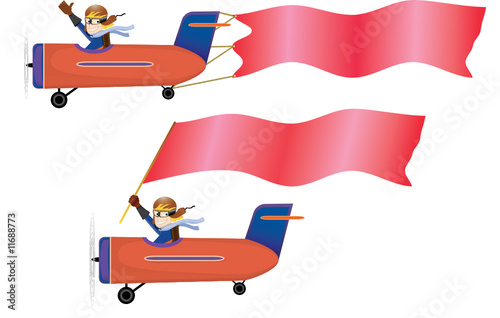 pilot sitting in airplane and red banner/flag (vector, CMYK)