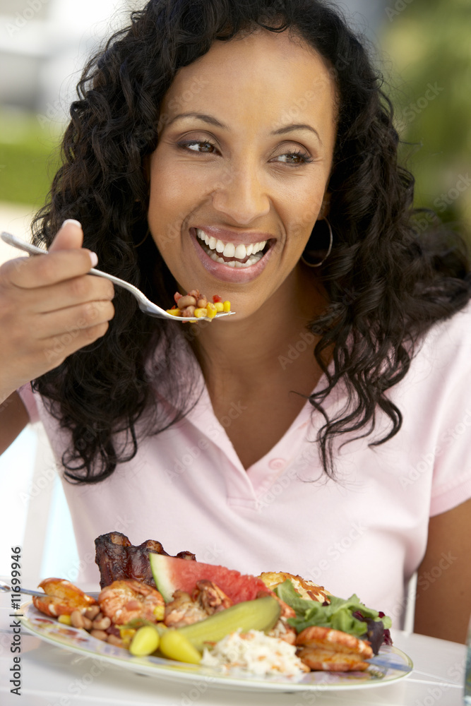 Middle Aged Woman Dining Al Fresco Middle Aged Woman Dining Al Fresco