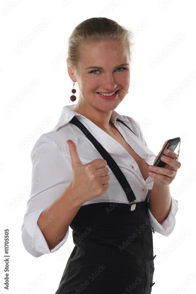 business woman with ok gesture and mobile phone