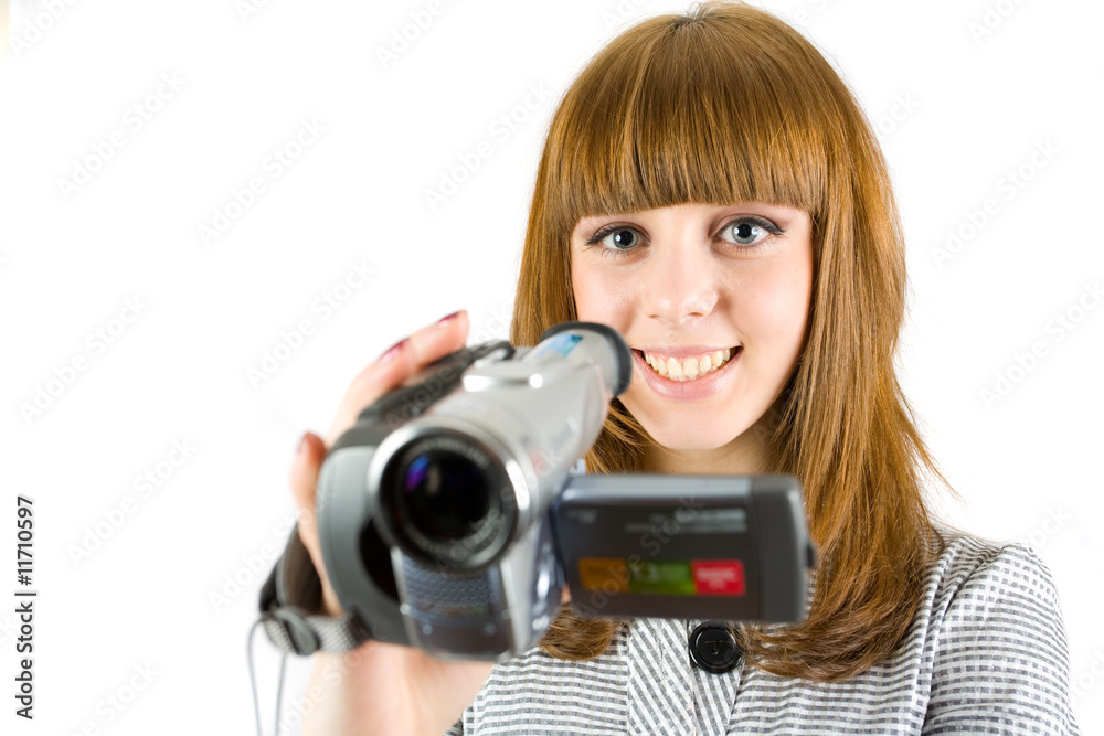 Naklejka premium Girl using video camera