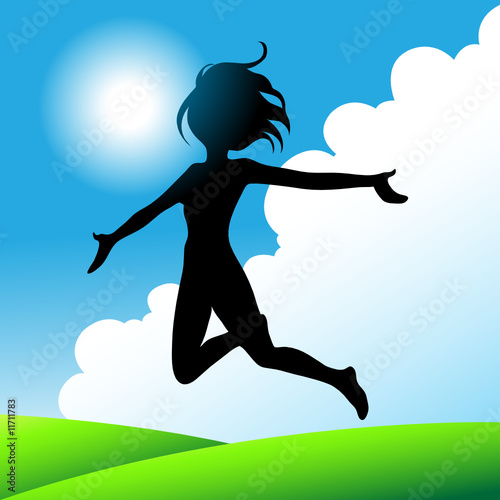 girl jumping under the sunny blue sky