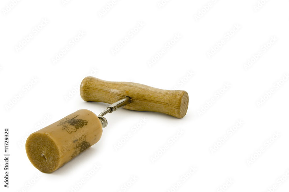 Cork-screw with a cork on a white background