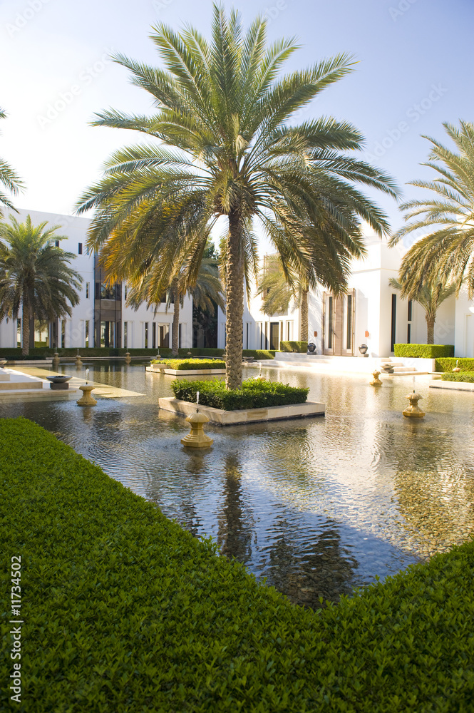 Beautiful garden with palm trees and water features.
