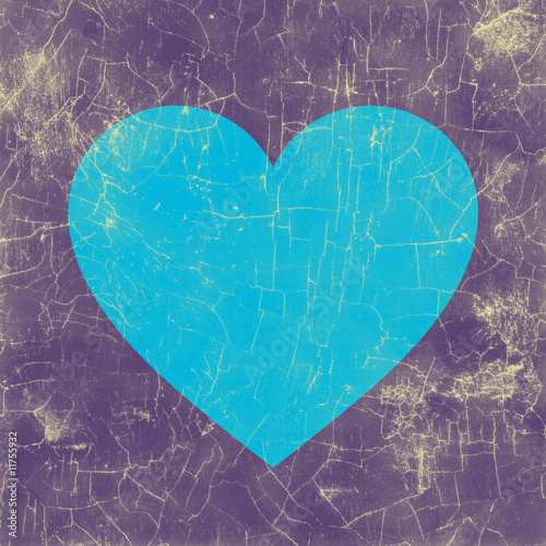 Weathered picture of a blue heart with purple backdrop