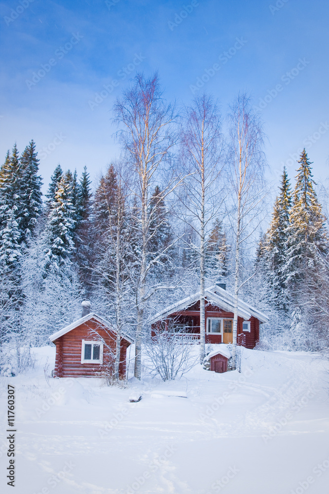 Small wooden house in winter forest Small wooden house in winter forest