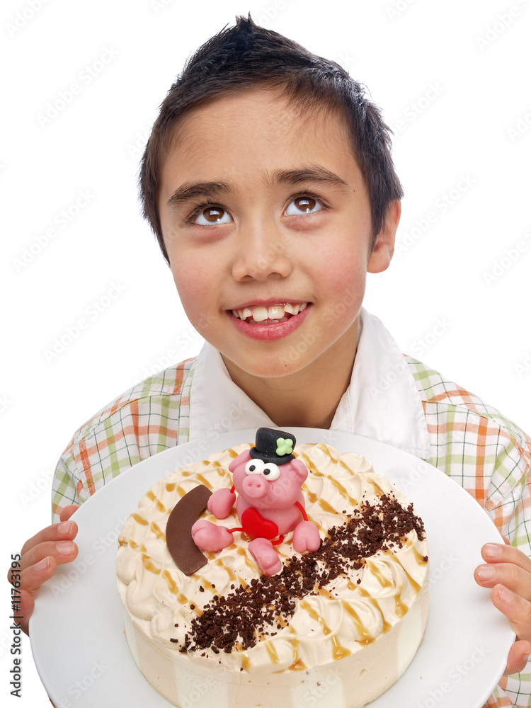 child with birthday cake, lucky pig with chimney cleaner hat child with birthday cake, lucky pig with chimney cleaner hat