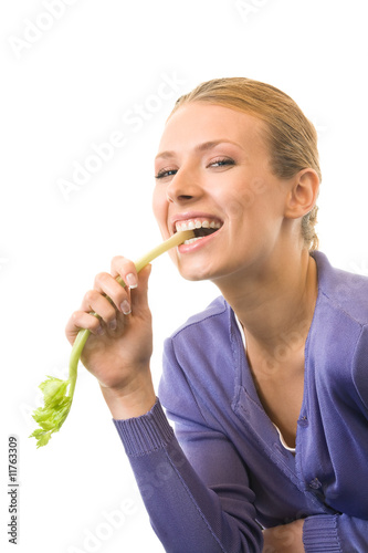 Young happy smiling woman with celery, isolated on white