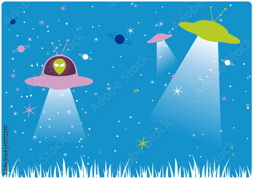 Funky Martians on space colorful background.
