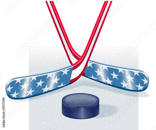 Hockey sticks in USA flag colors and puck