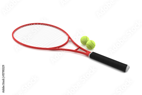 red tennis racket with two balls isolated on white background