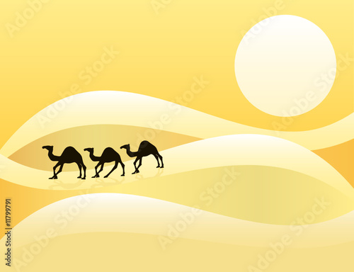 Camels over desert dunes landscape