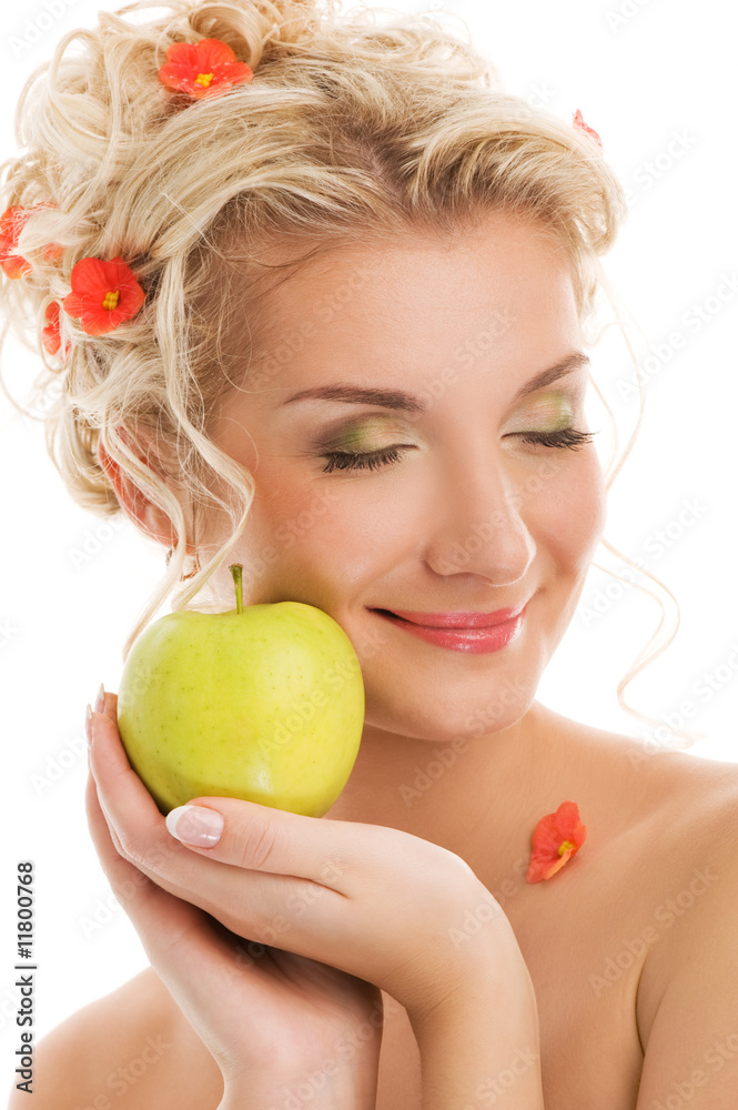 Beautiful young woman with ripe green apple. Spring concept Beautiful young woman with ripe green apple. Spring concept