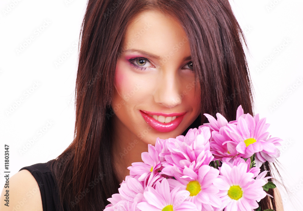 Attractive young woman face with flowers Attractive young woman face with flowers