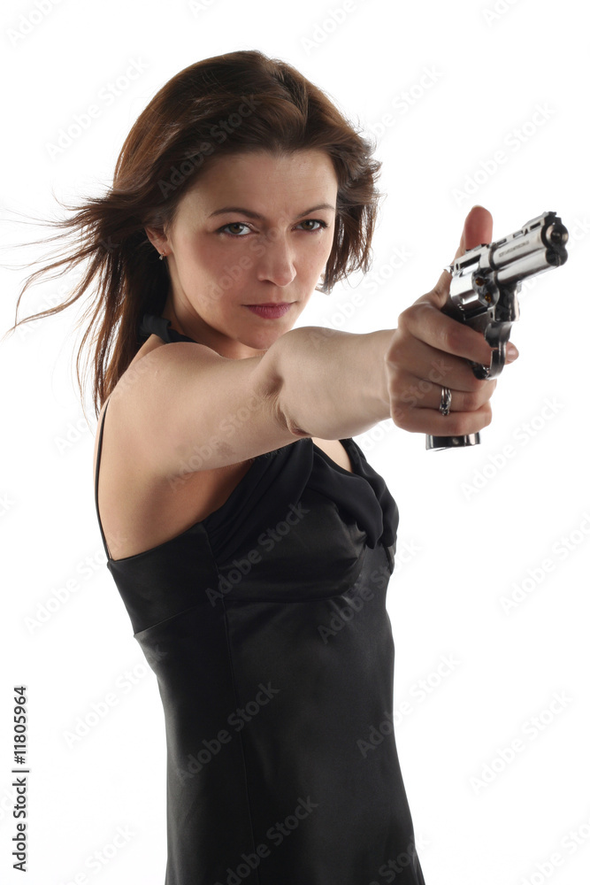 young woman with revolver isolated on white background young woman with revolver isolated on white background