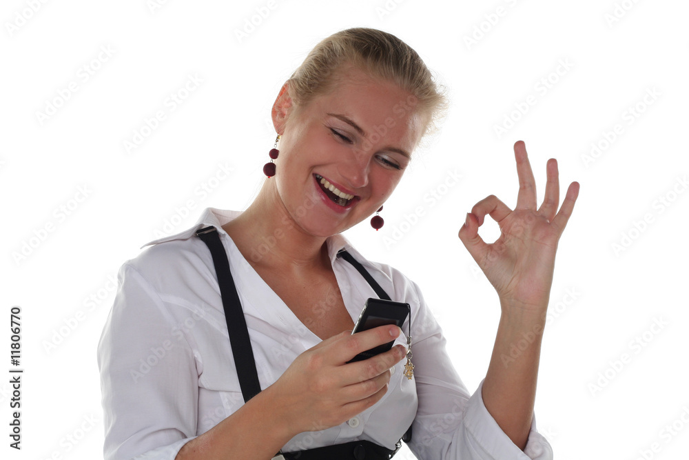 business woman with ok gesture and mobile phone business woman with ok gesture and mobile phone