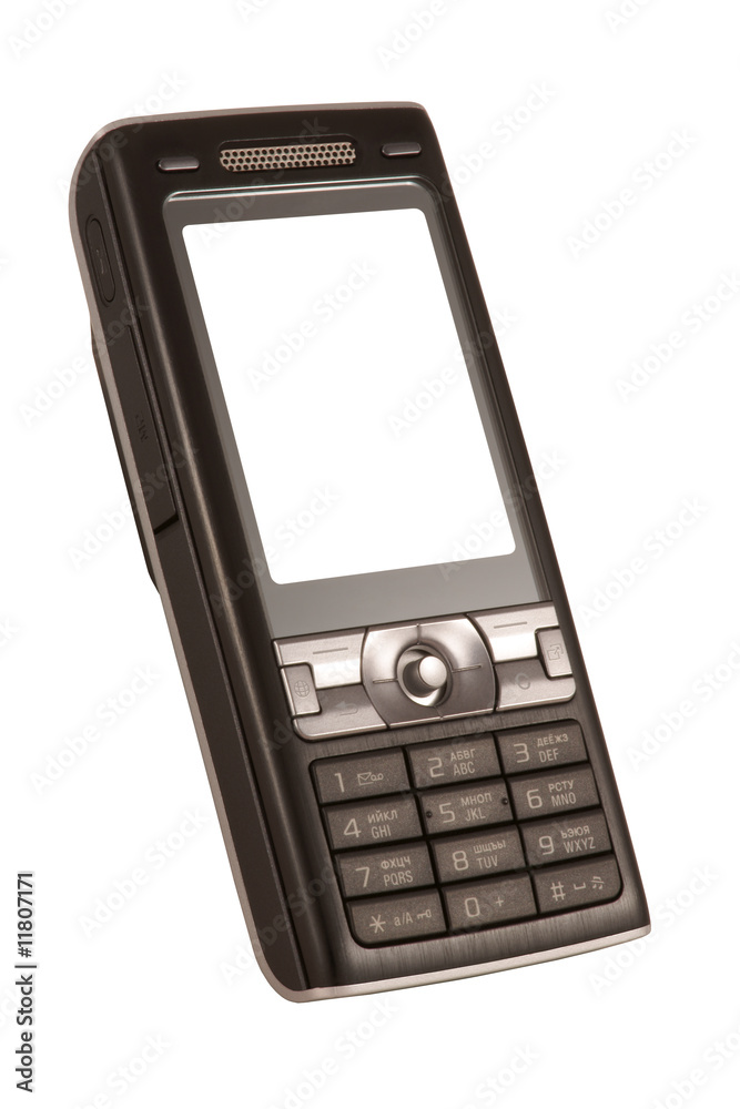 Black mobile phone with clean display on white background
