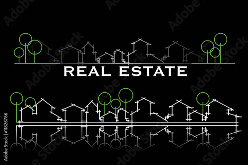 Real estate business card with houses and trees silhouette