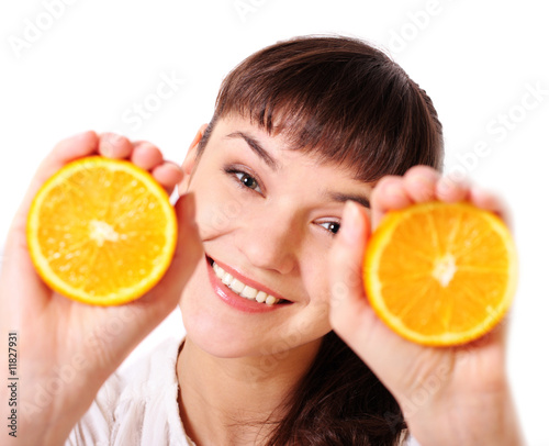 girl with orange isolated on white