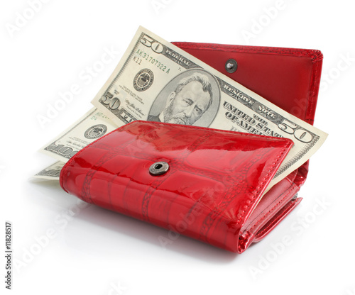 dollars money in the red purse isolated