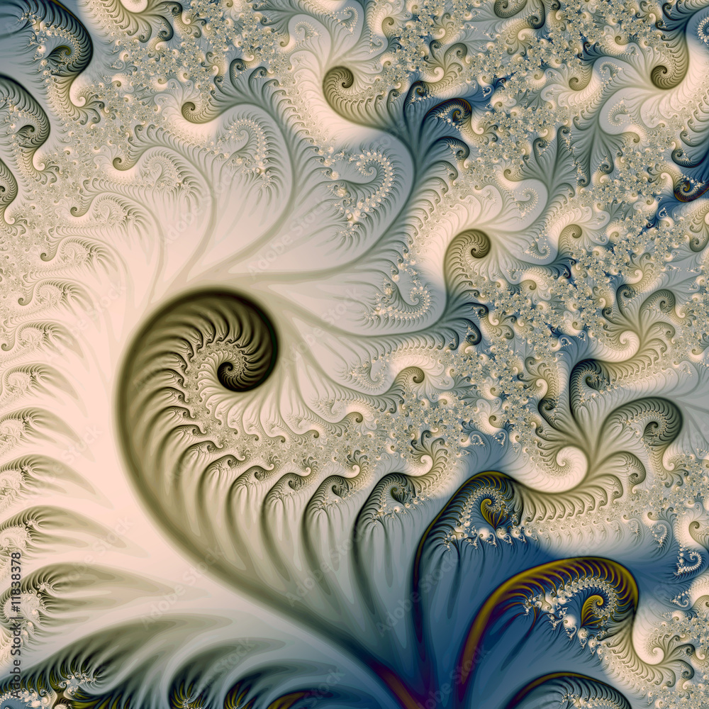 An intricate fractal design featuring spirals and floral patterns in a monochromatic color scheme, showcasing complexity and mathematical beauty in abstract art. - obrazy, fototapety, plakaty 