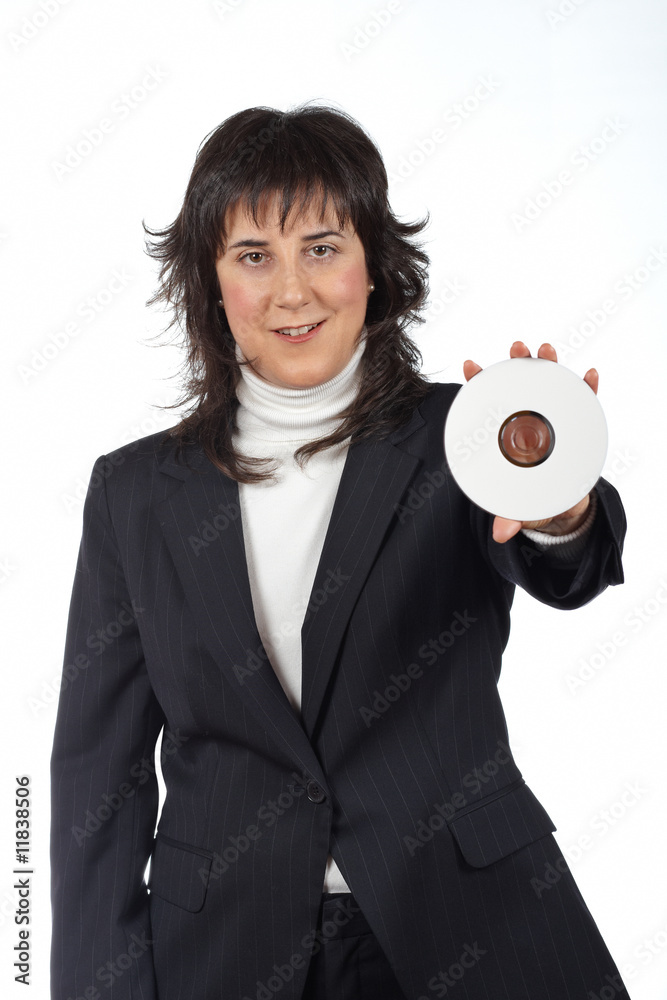 Business woman holding a dvd disc Business woman holding a dvd disc