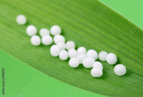 Homeopathic medicine  on green leaf photo