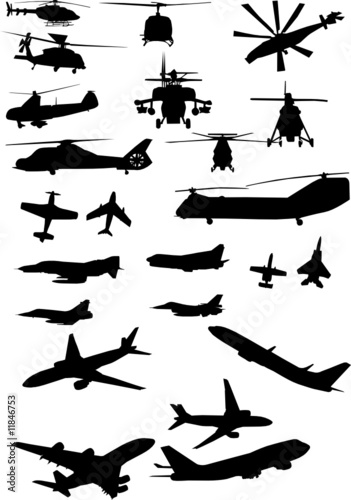 assorted helicopter and airplane silhouettes in black