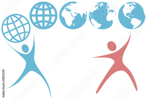 Swoosh people hold up planet earth globe symbols