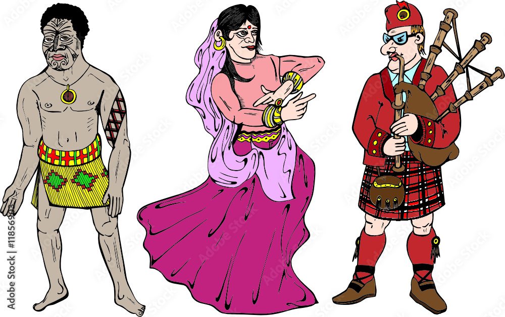 Three nationalities in traditional dresses in vector