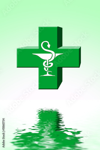 croix de pharmacie se reflétant dans l'eau